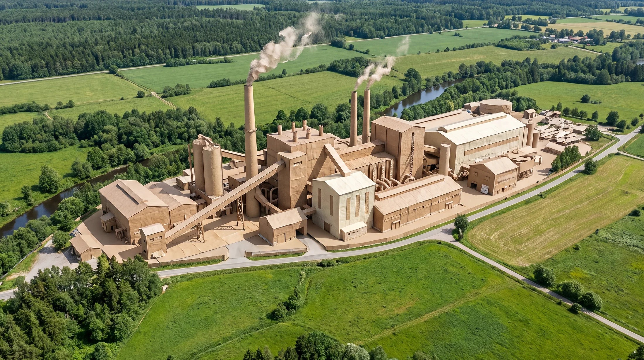 Papierfabrik in einer grünen Landschaft als Symbol für Qualität und Umweltbewusstsein